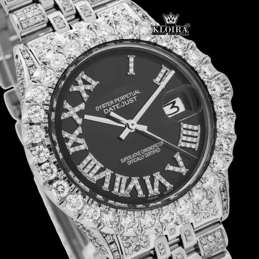 Roman Numerals Black Dial Diamond Link Strap Moissanite Watch Front View
