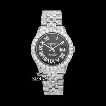 Roman Numerals Black Dial Diamond Link Strap Moissanite Watch Front View