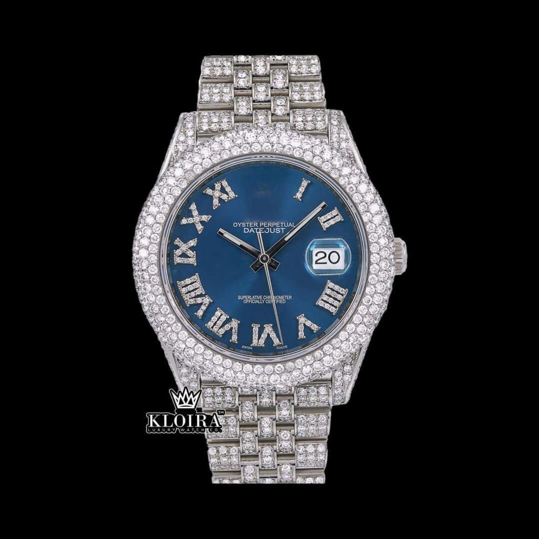 Roman Numerals Blue Dial Diamond Link Strap Fully Iced Out Moissanite Watch Front View