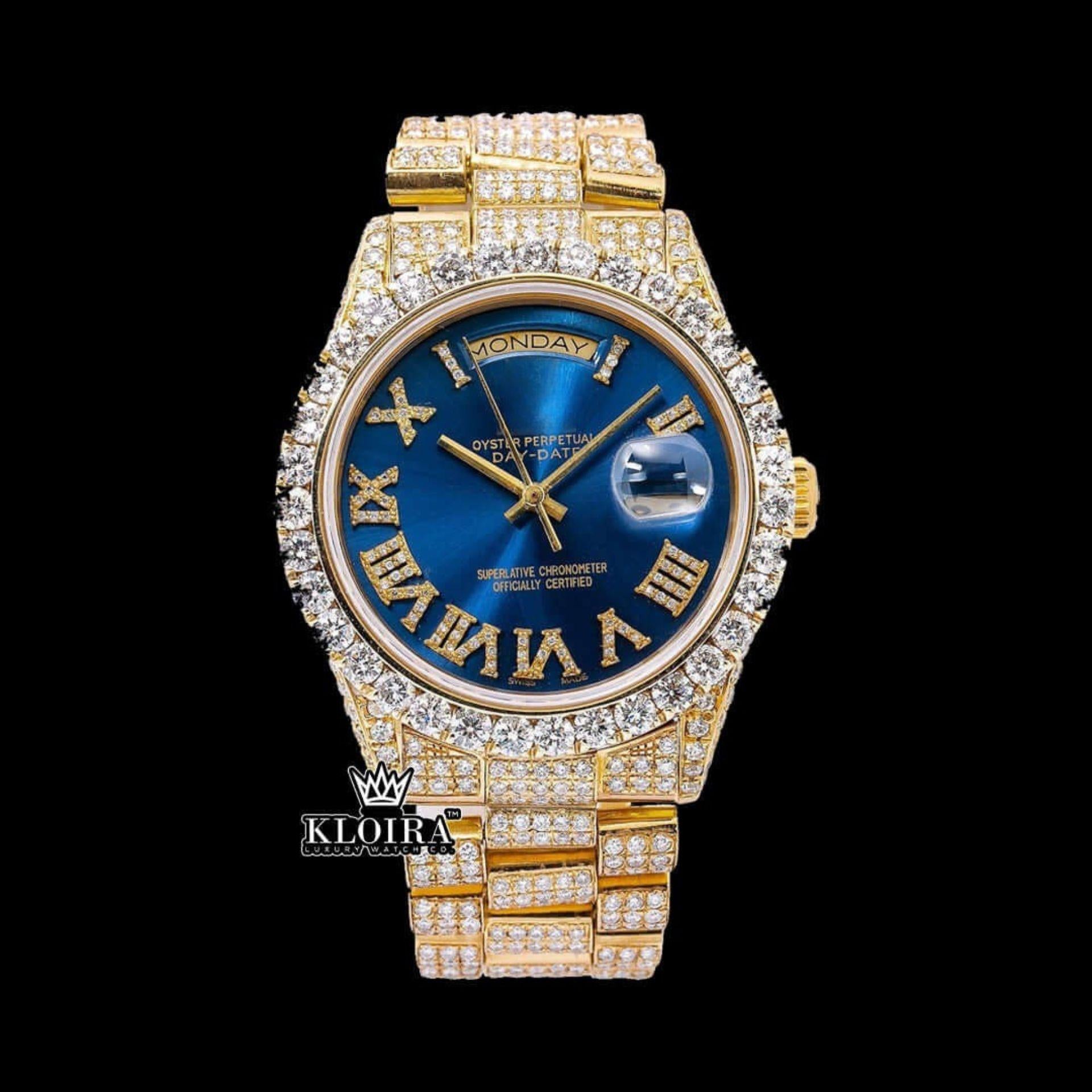 Roman Numerals Blue Dial Yellow Gold Iced Out Moissanite Watch Front View 