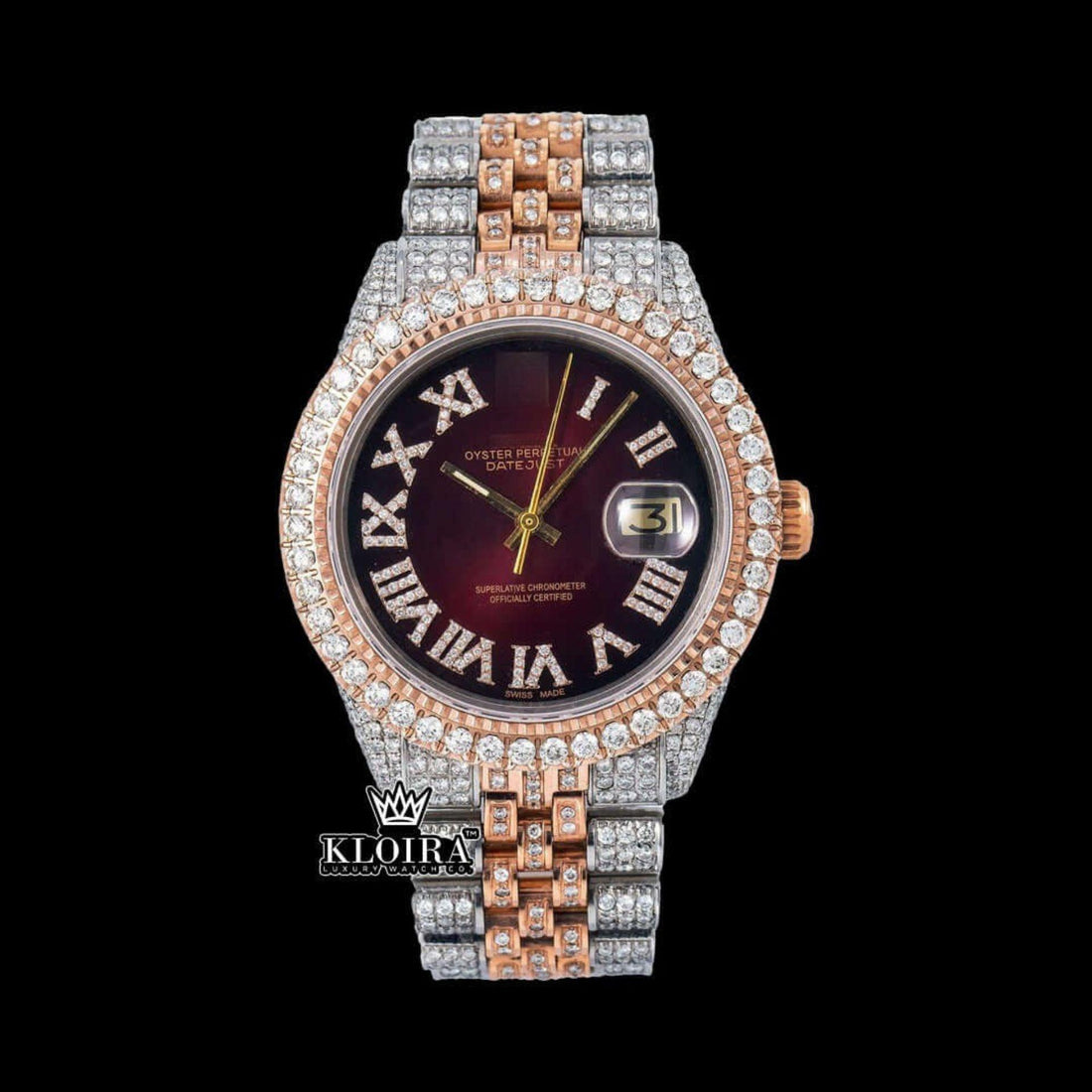 Roman Numerals Brown Dial Two Tone Iced Out Moissanite Watch Front View