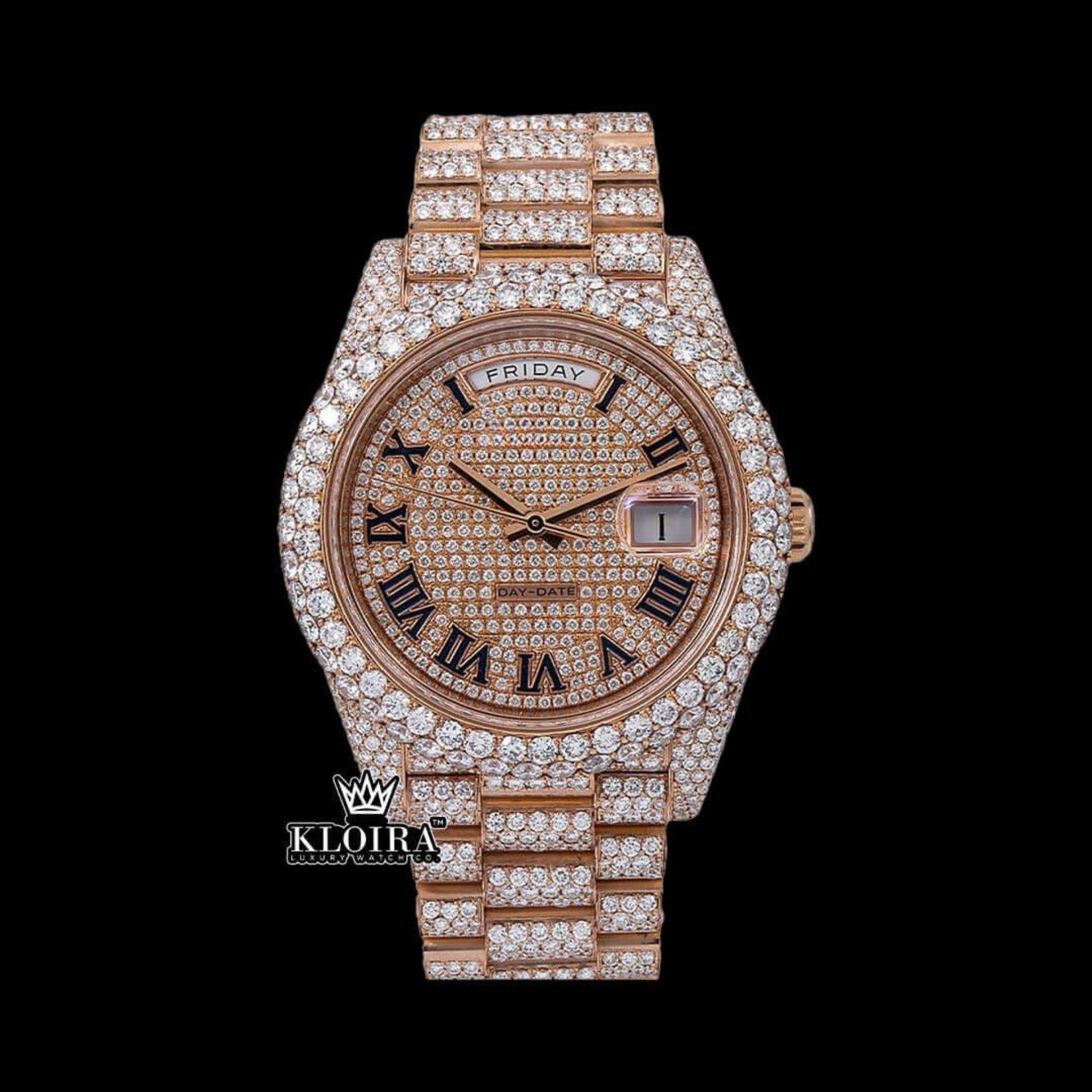 Roman Numerals Dial Day Date Display Rose Gold Iced Out Moissanite Watch Front View