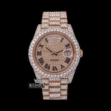 Roman Numerals Dial Day Date Display Rose Gold Iced Out Moissanite Watch Front View