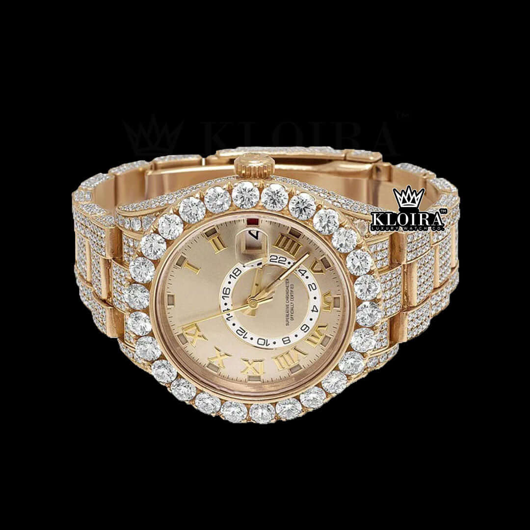 Roman Numerals Dual Time Dial Rose Gold Iced Out Moissanite Watch Front View