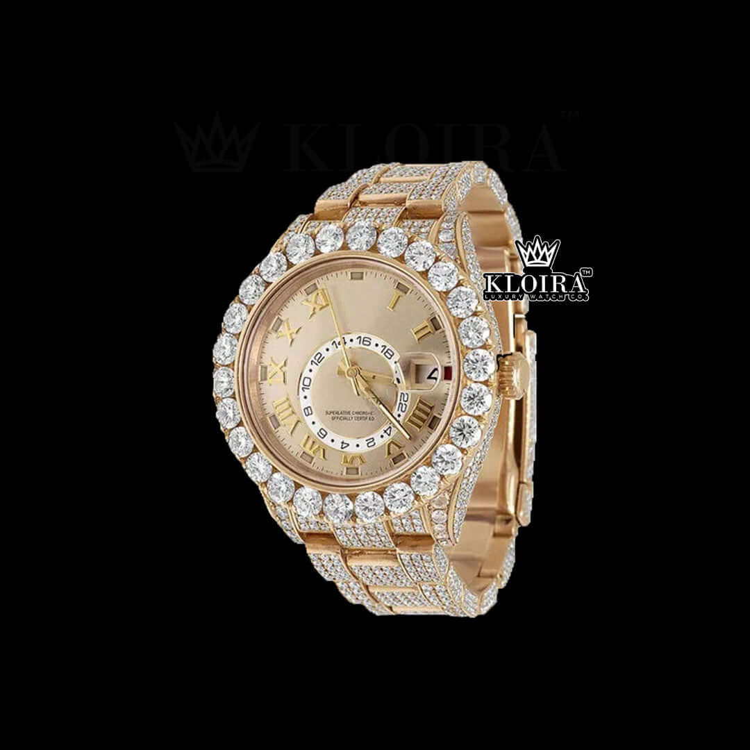 Roman Numerals Dual Time Dial Rose Gold Iced Out Moissanite Watch Front View