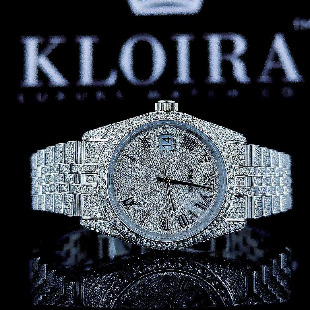 Roman Numerals Fully Iced Out White Dial Moissanite Diamond Watch Front View