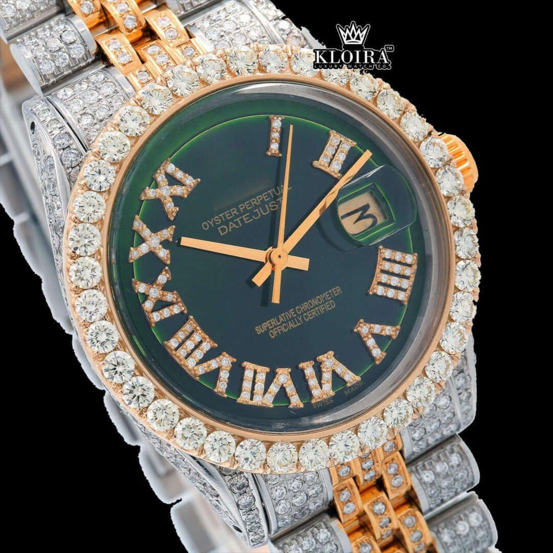 Roman Numerals Green Dial Two Tone Iced Out Moissanite Watch Front View