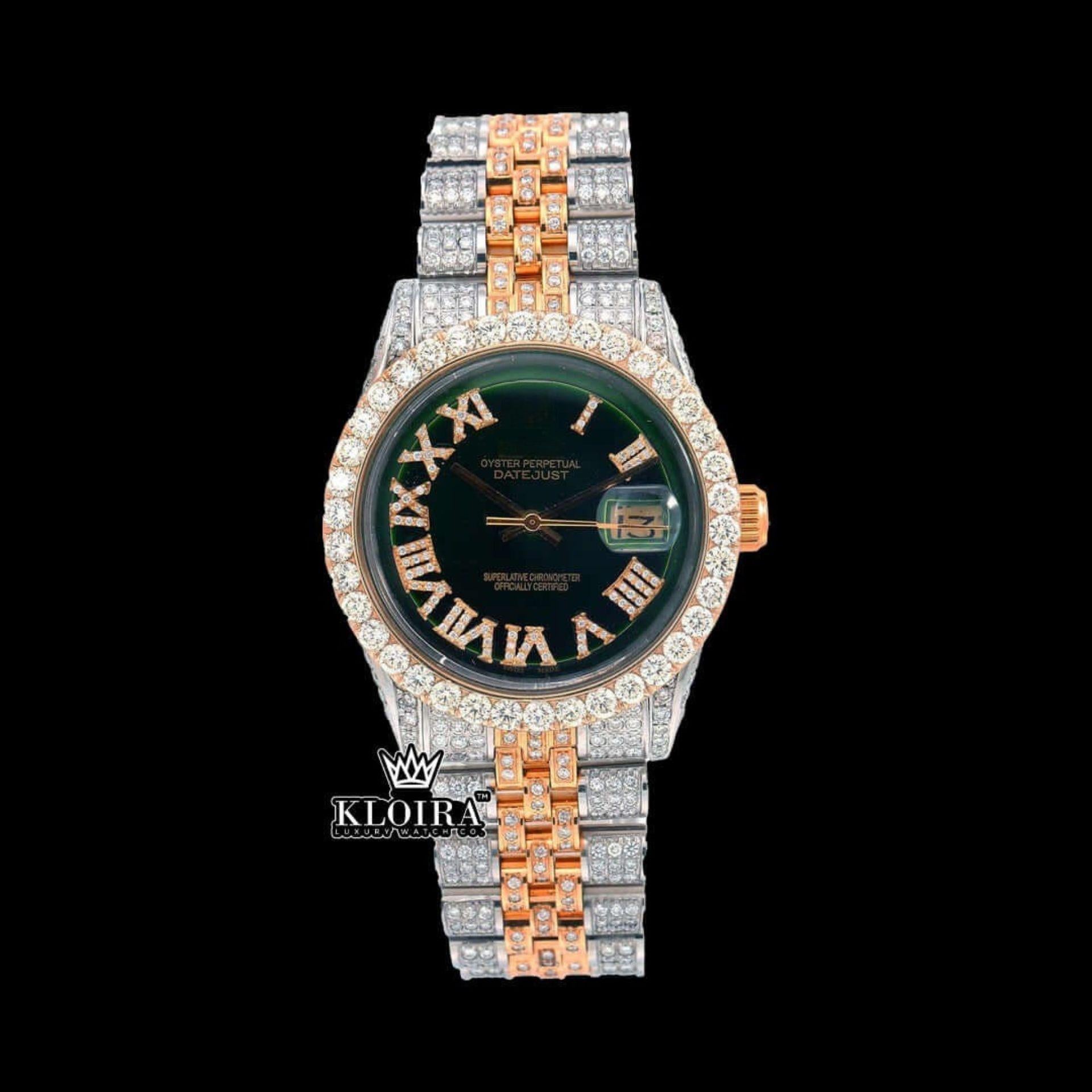 Roman Numerals Green Dial Two Tone Iced Out Moissanite Watch Front View