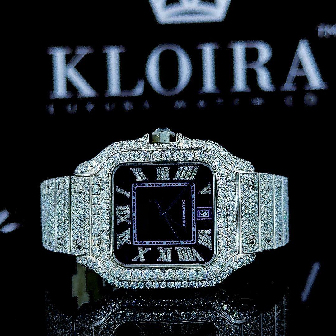 Roman Numerals Purple Dial Fully Iced Out Moissanite Diamond Watch Front Close View