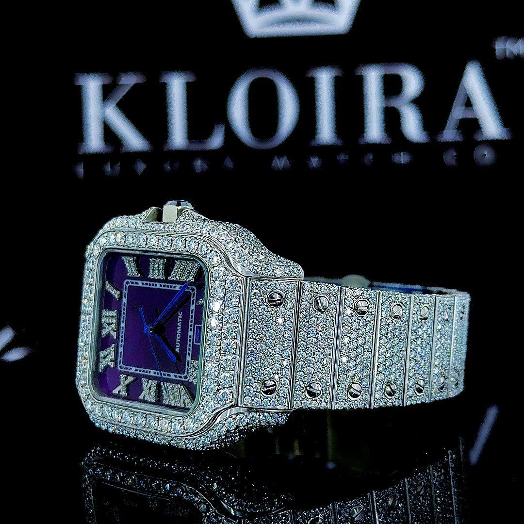 Roman Numerals Purple Dial Fully Iced Out Moissanite Diamond Watch Front Close View