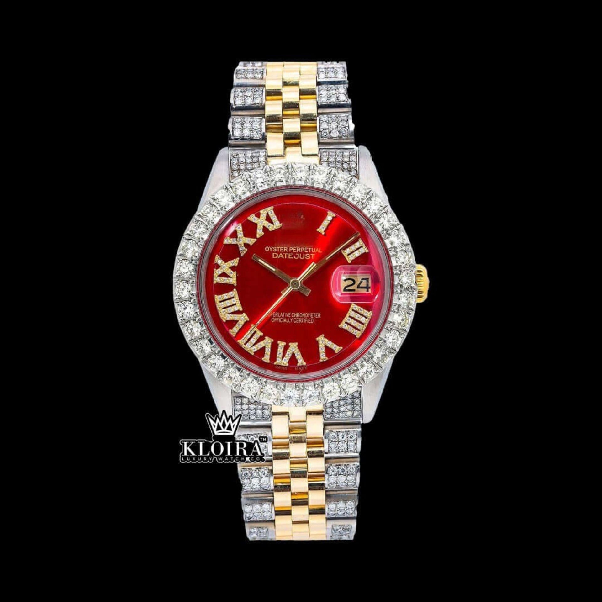 Roman Numerals Red Dial Diamond Bezel Two Tone Moissanite Watch Front View
