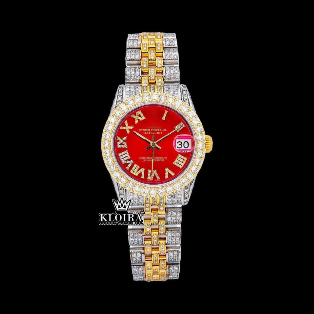 Roman Numerals Red Dial Two Tone Diamond Link Strap Moissanite Watch Front View