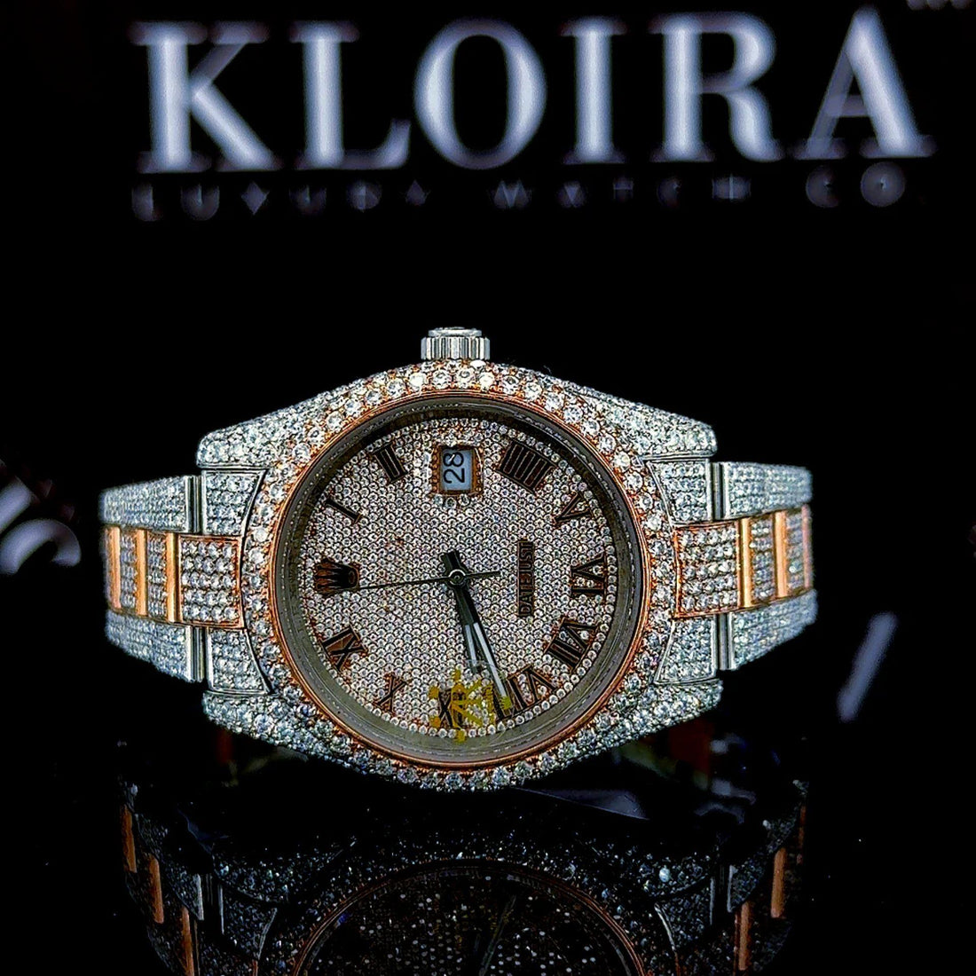 Roman Numerals Rose Gold Dial Two Tone Iced Out Moissanite Watch Front View