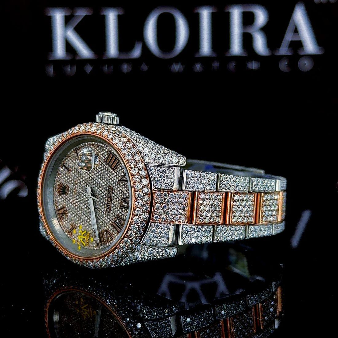 Roman Numerals Rose Gold Dial Two Tone Iced Out Moissanite Watch Front View