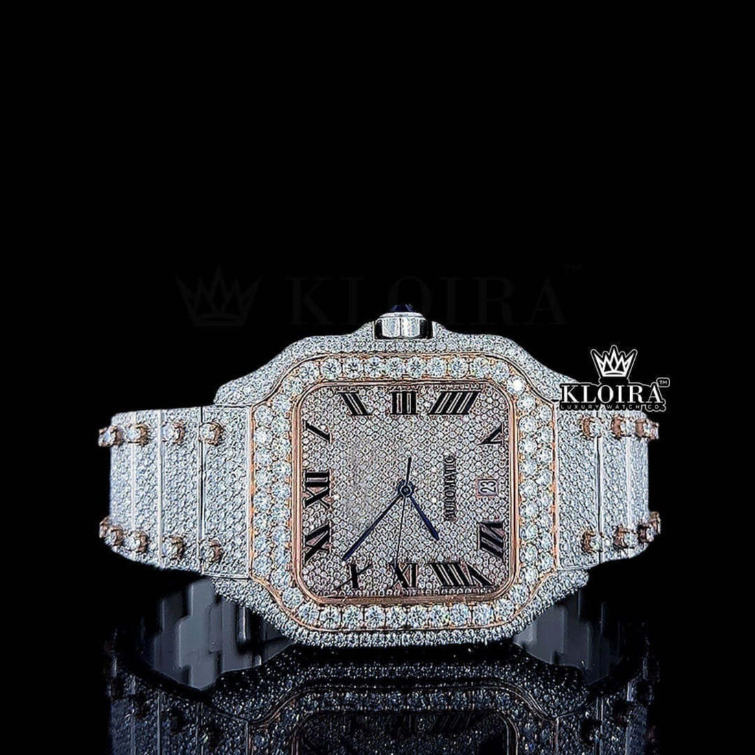 Roman Numerals Rose Gold Diamond Bezel Dial Two Tone Moissanite Watch Front View