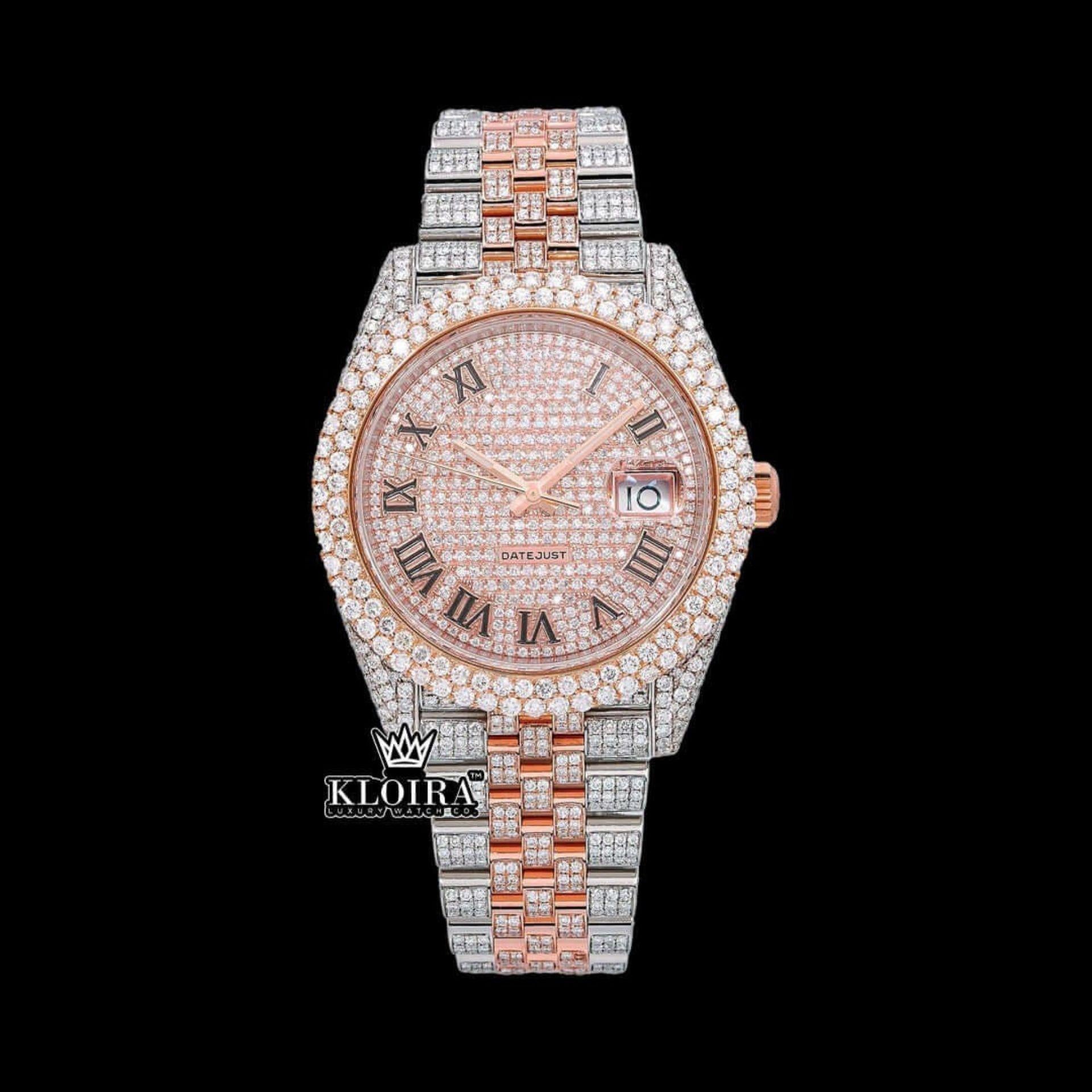 Roman Numerals Two Tone Rose Gold Dial Moissanite Diamond Watch Front View