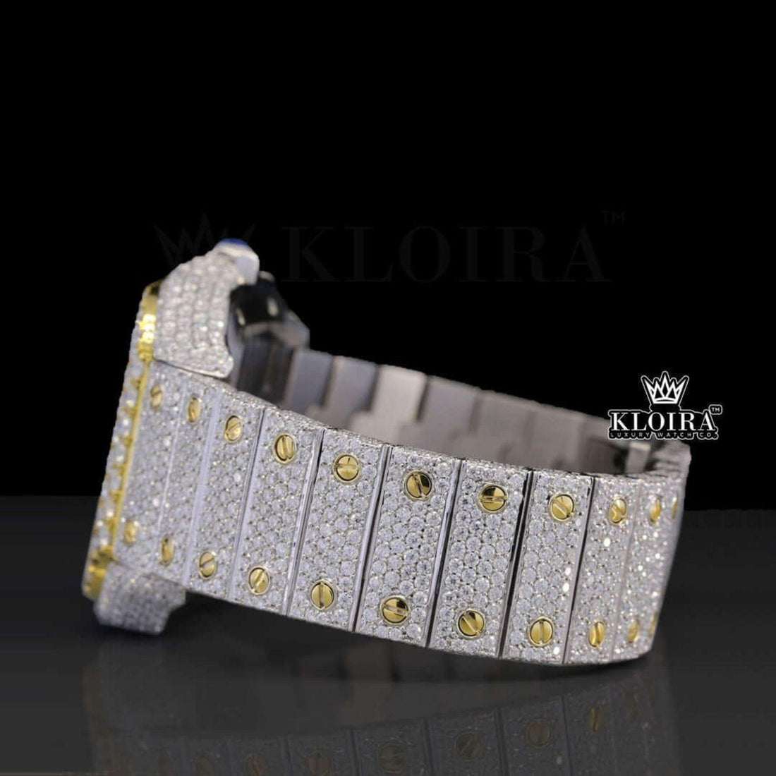 Roman Numerals Two Tone Yellow Dial Iced Out Moissanite Diamond Watch Front View