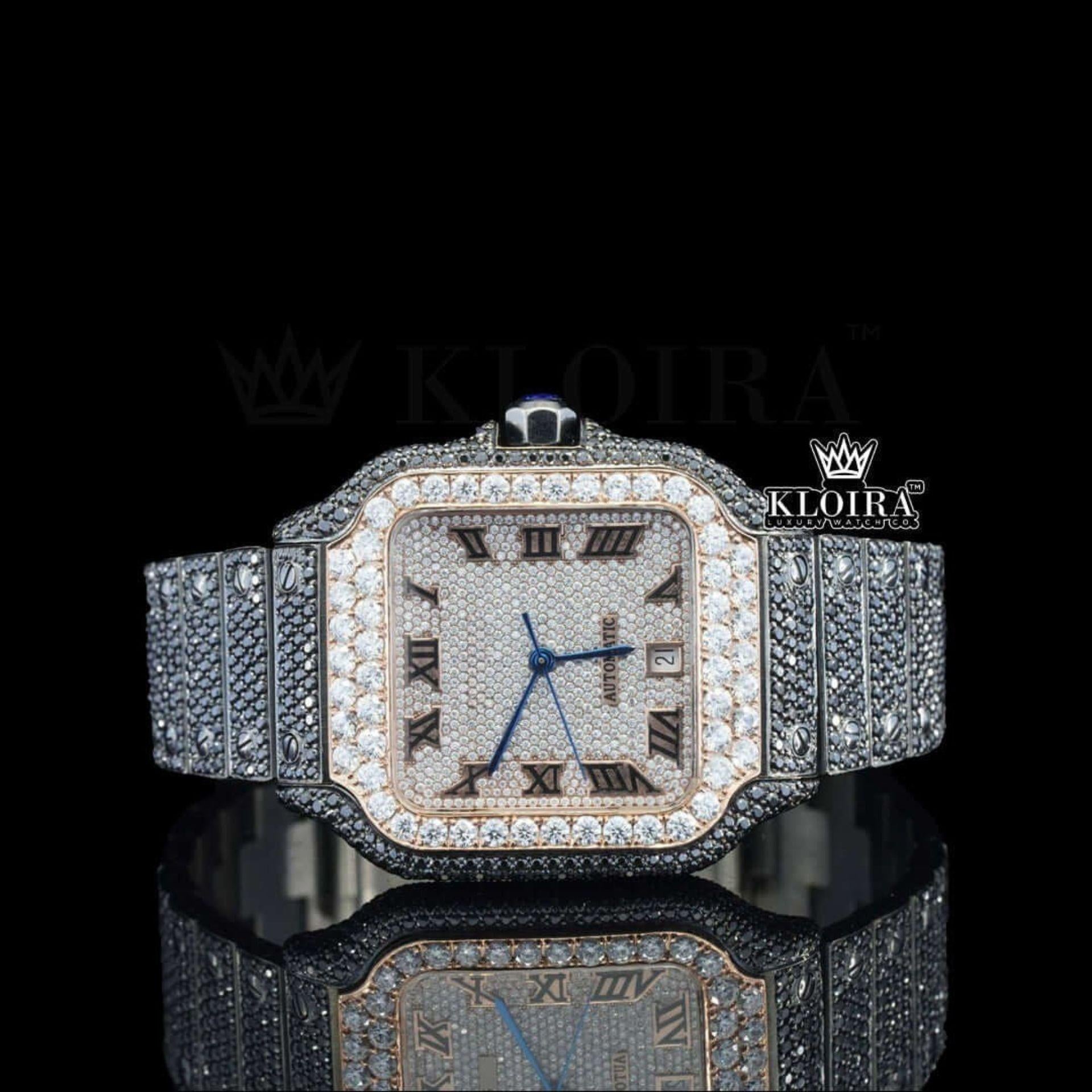 Roman Numerals White Dial Black Iced Out Moissanite Diamond Watch Front View