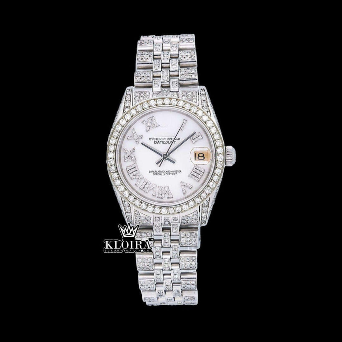 Roman Numerals White Dial Date Display Full Iced Out Moissanite Watch Front View