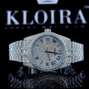 Roman Numerals White Dial Fully Iced Out Moissanite Diamond Watch Front Close View