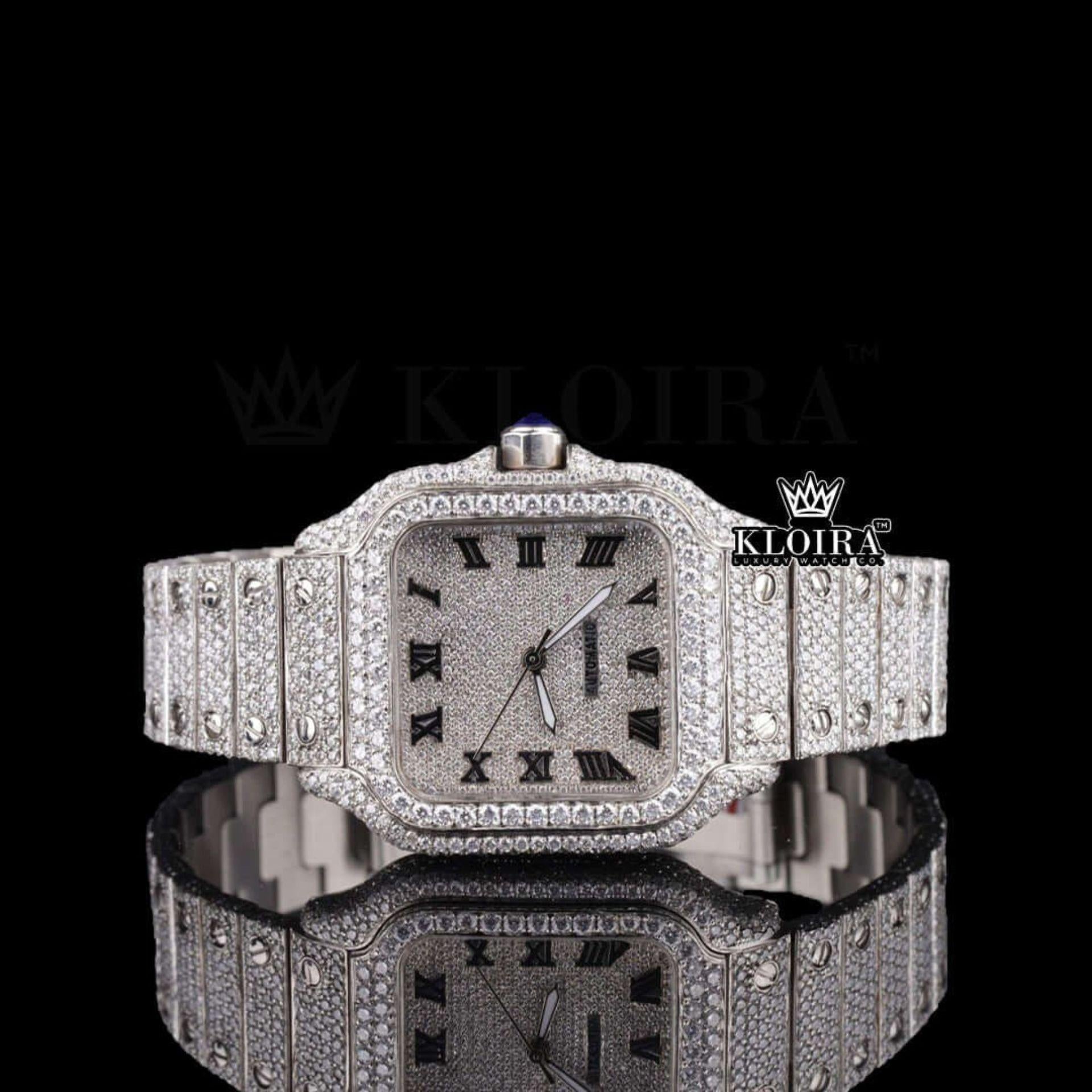 White Dial Roman Numerals Blue Hands Iced Out Moissanite Watch