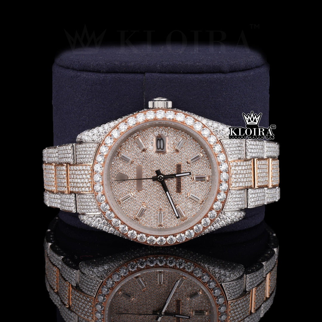 RoseGlitz Moissanite Diamond Watch Rose 14K Gold VVS 20 Carat 42mm Front