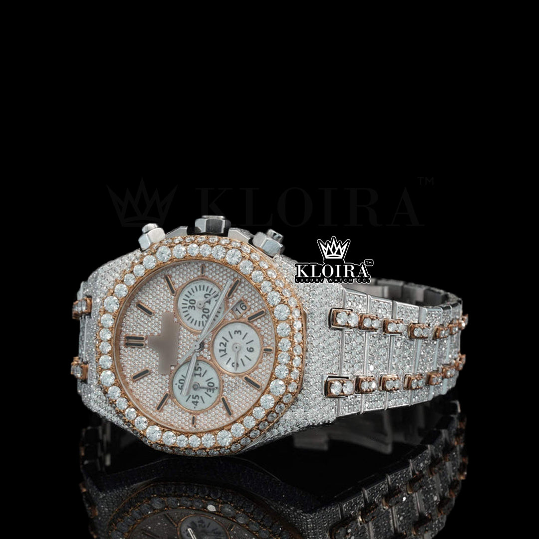 Rose Chrono Majesty Moissanite Diamond Watch 14K Gold VVS 30 Carat 42mm Front