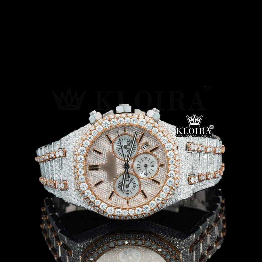 Rose Chrono Majesty Moissanite Diamond Watch 14K Gold VVS 30 Carat 42mm Front