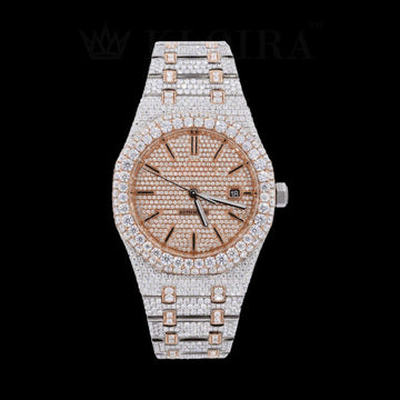 Rose Dial Two Tone AP Fully Iced Out Moissanite Diamond Watch Front View