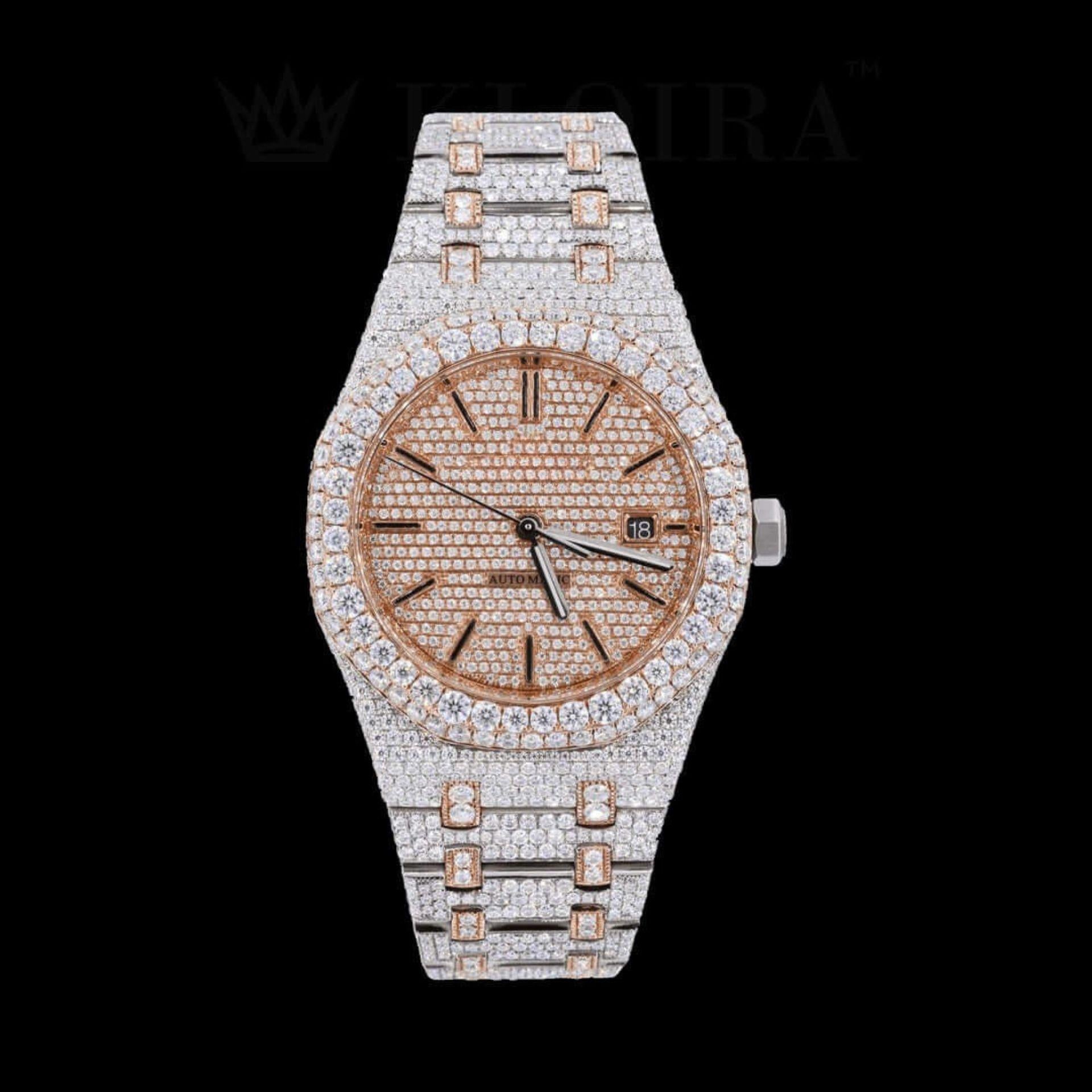 Rose Dial Two Tone AP Inspired Fully Iced Out Moissanite Diamond Watch Front View
