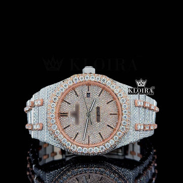 Front view of rose gold bezel AP diamond watch fully encrusted with moissanite diamonds on the dial, bezel, and bracelet.