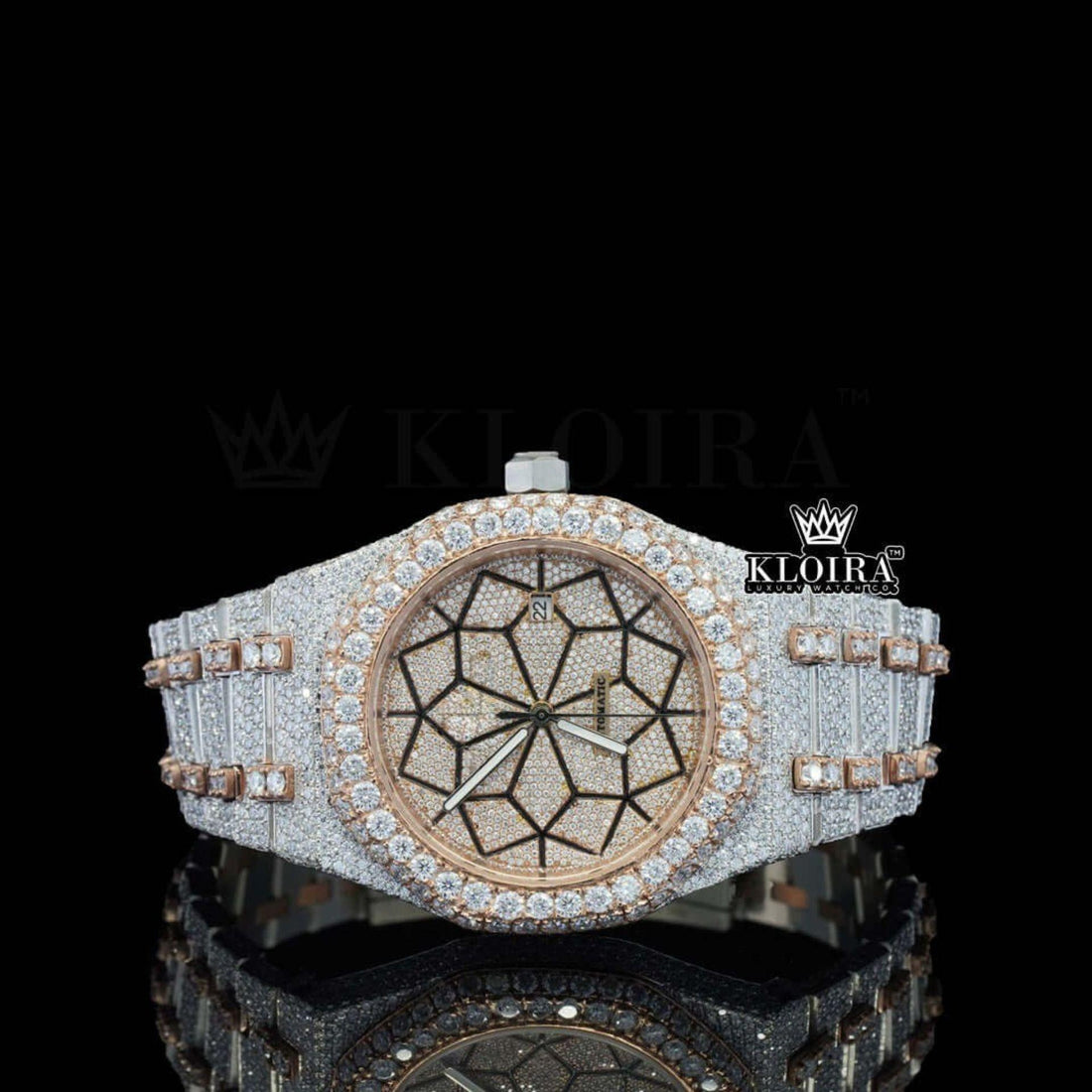 Rose Gold Bezel Geometric Dial Full Iced Out Moissanite Diamond Watch Geometric Front View