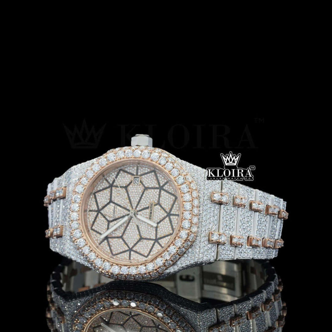 Rose Gold Bezel Geometric Dial Full Iced Out Moissanite Diamond Watch Geometric Front View
