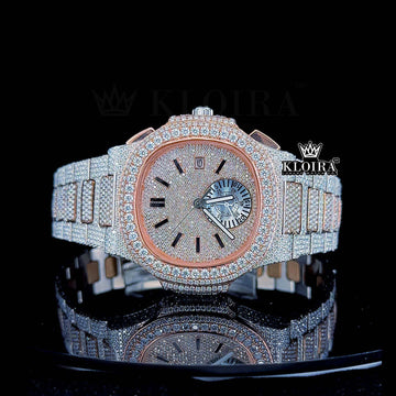 Rose Gold Bezel Pave Dial Patek Philippe Diamond Watch, straight-on shot emphasizing the fully micro-set pavé dial and rose-gold bezel Front View