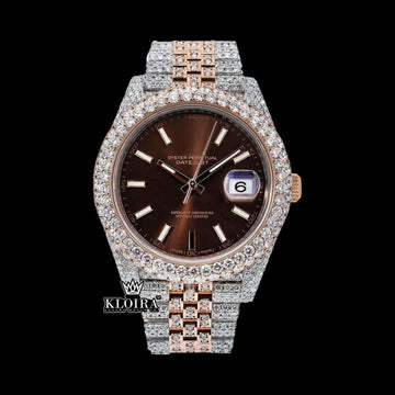 Rose Gold Brown Stick Markers Face Two Tone Moissanite Watch 42mm Front View