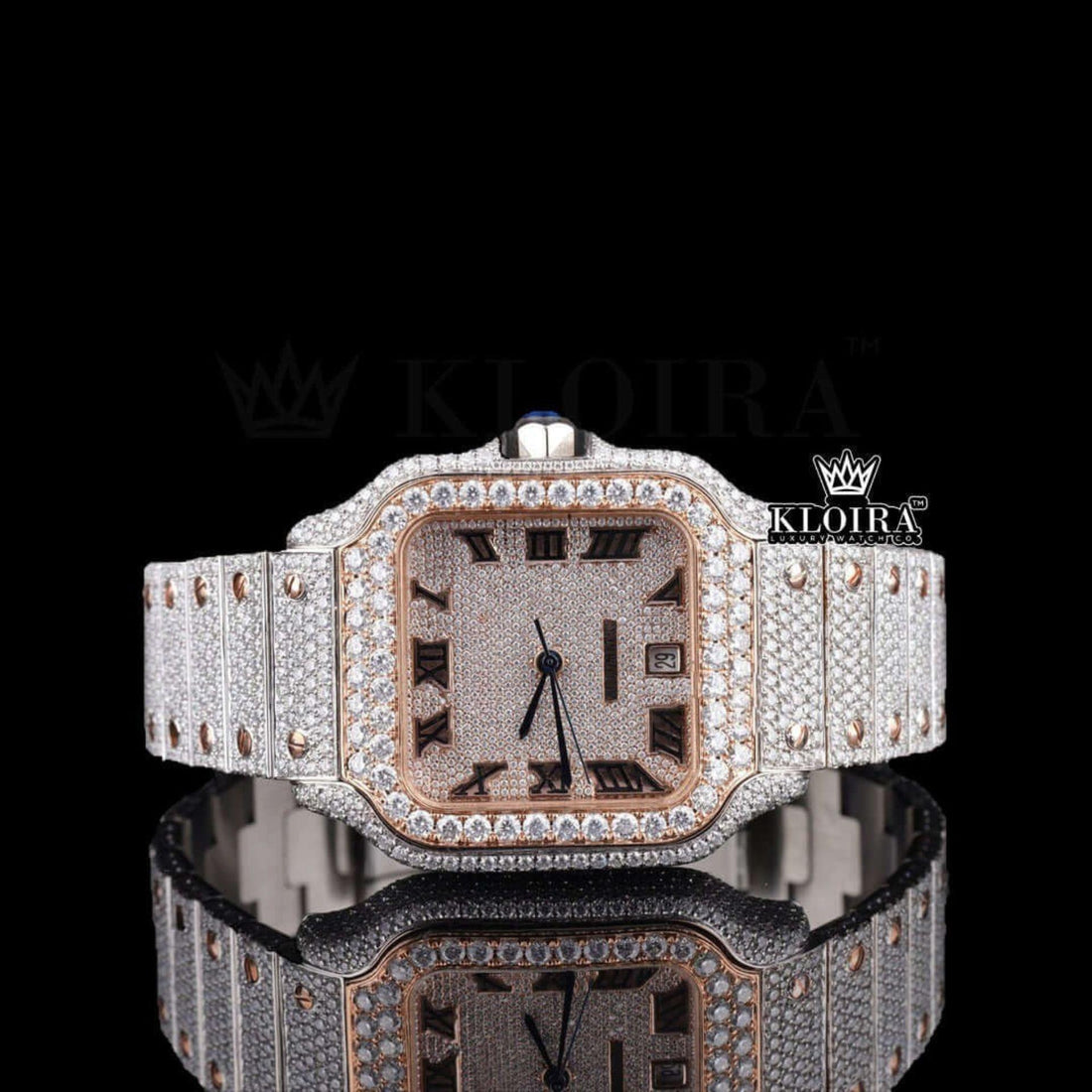 Rose Gold Cartier Inspired Two Tone Iced Out Moissanite Diamond Watch Front View