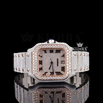Rose Gold Cartier Inspired Two Tone Iced Out Moissanite Diamond Watch Front View