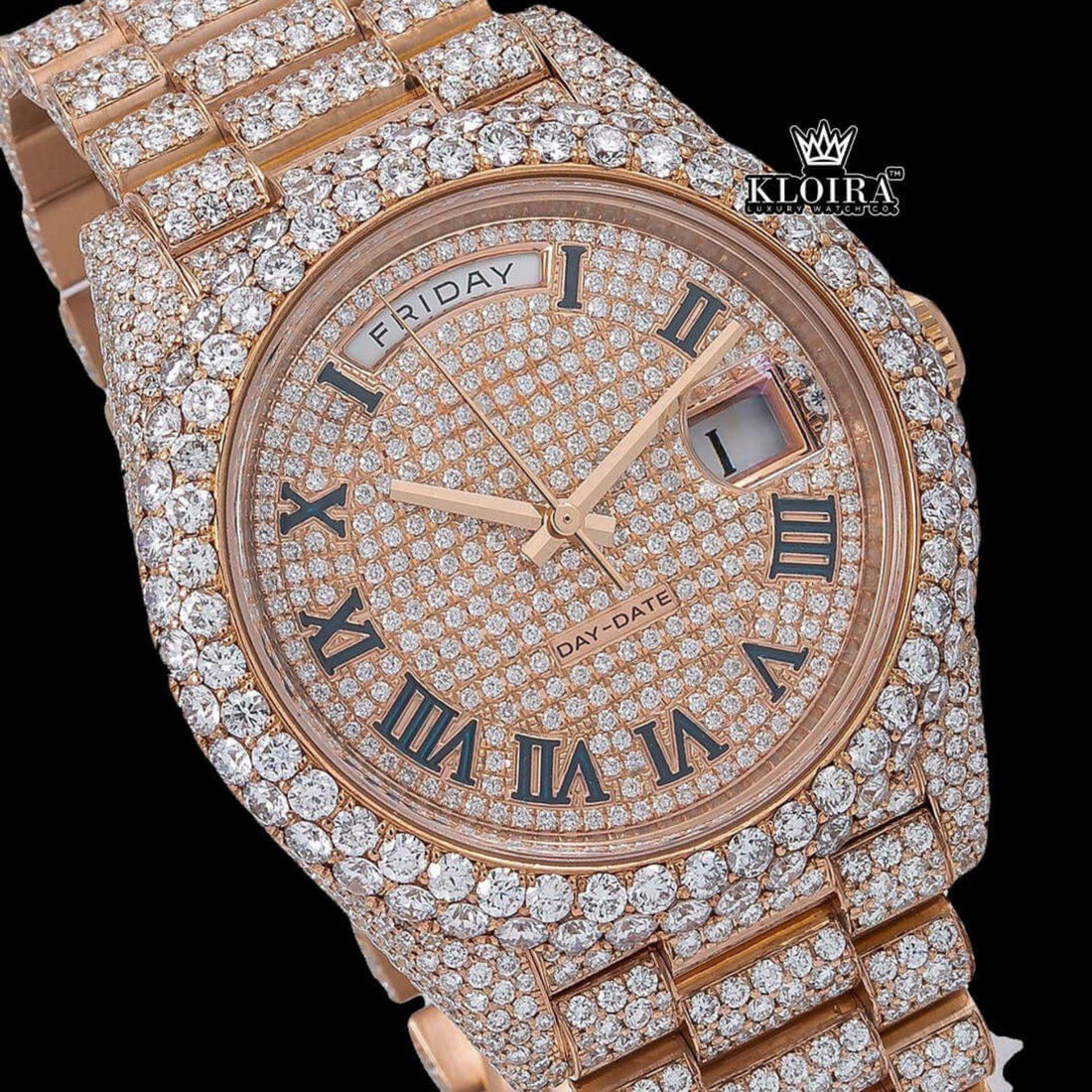 Rose Gold Day Date Roman Numerals Dial Moissanite Watch Front View