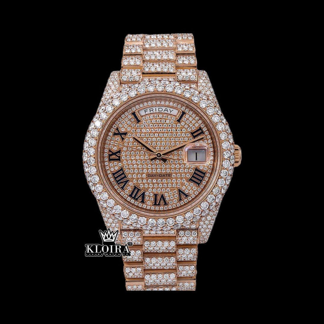 Rose Gold Day Date Roman Numerals Dial Moissanite Watch Front View