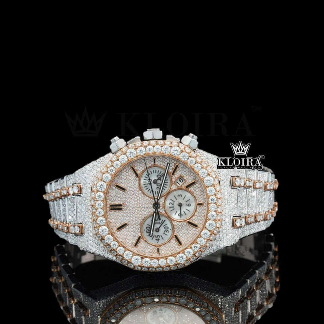 Rose Gold Dial AP Iced Out Two Tone Moissanite Diamond Chrono Watch Front View