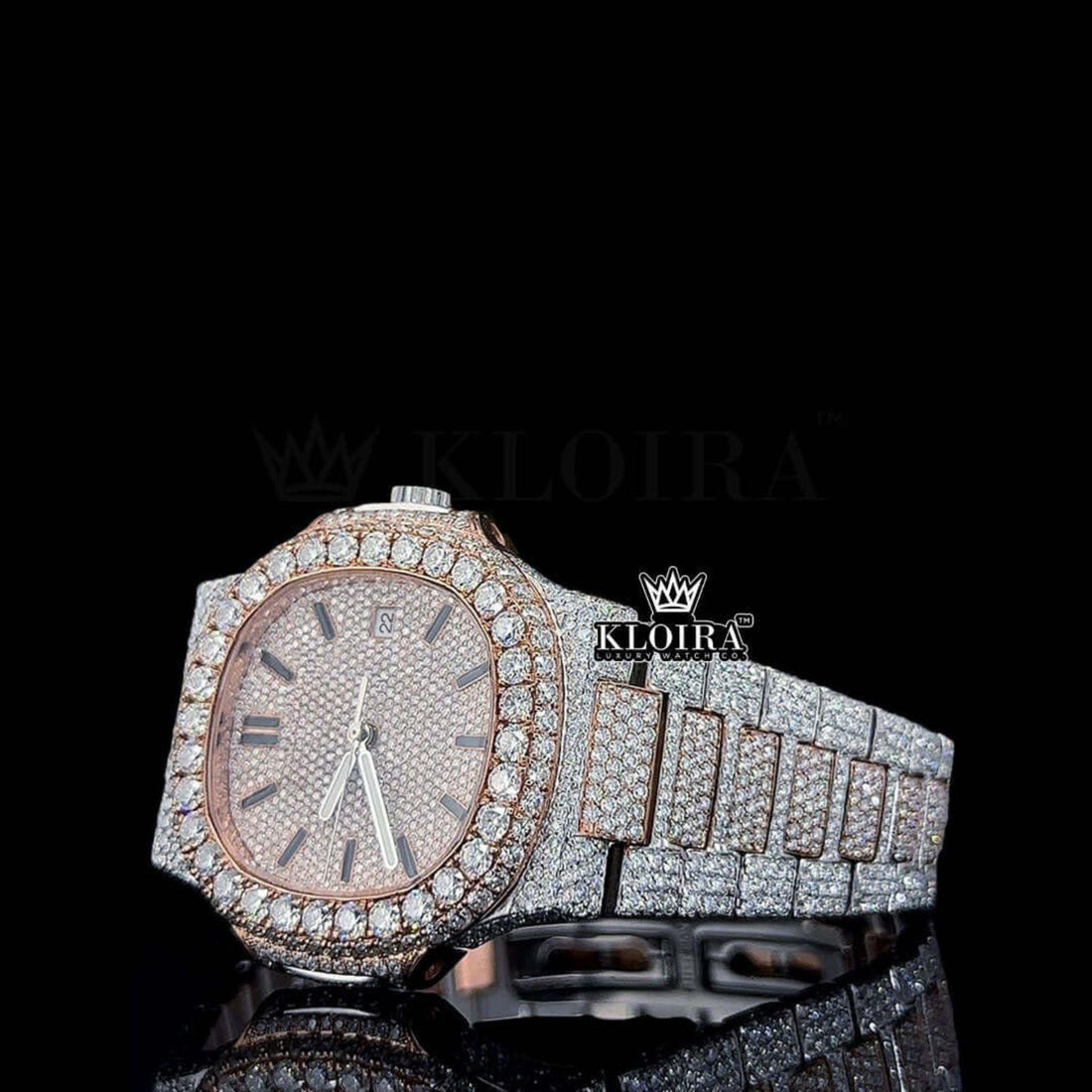 Rose Gold Dial Black Index Patek Philippe Inspired Moissanite Watch Front View