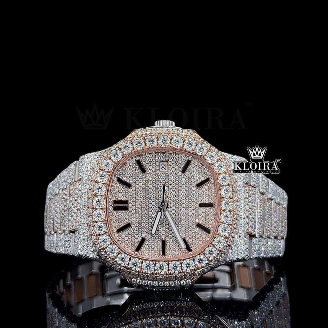 Rose Gold Dial Black Index Patek Philippe Inspired Moissanite Watch Front View