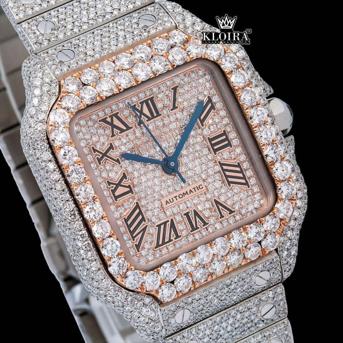 Rose Gold Dial Black Roman Numerals Two Tone Moissanite Watch Front View