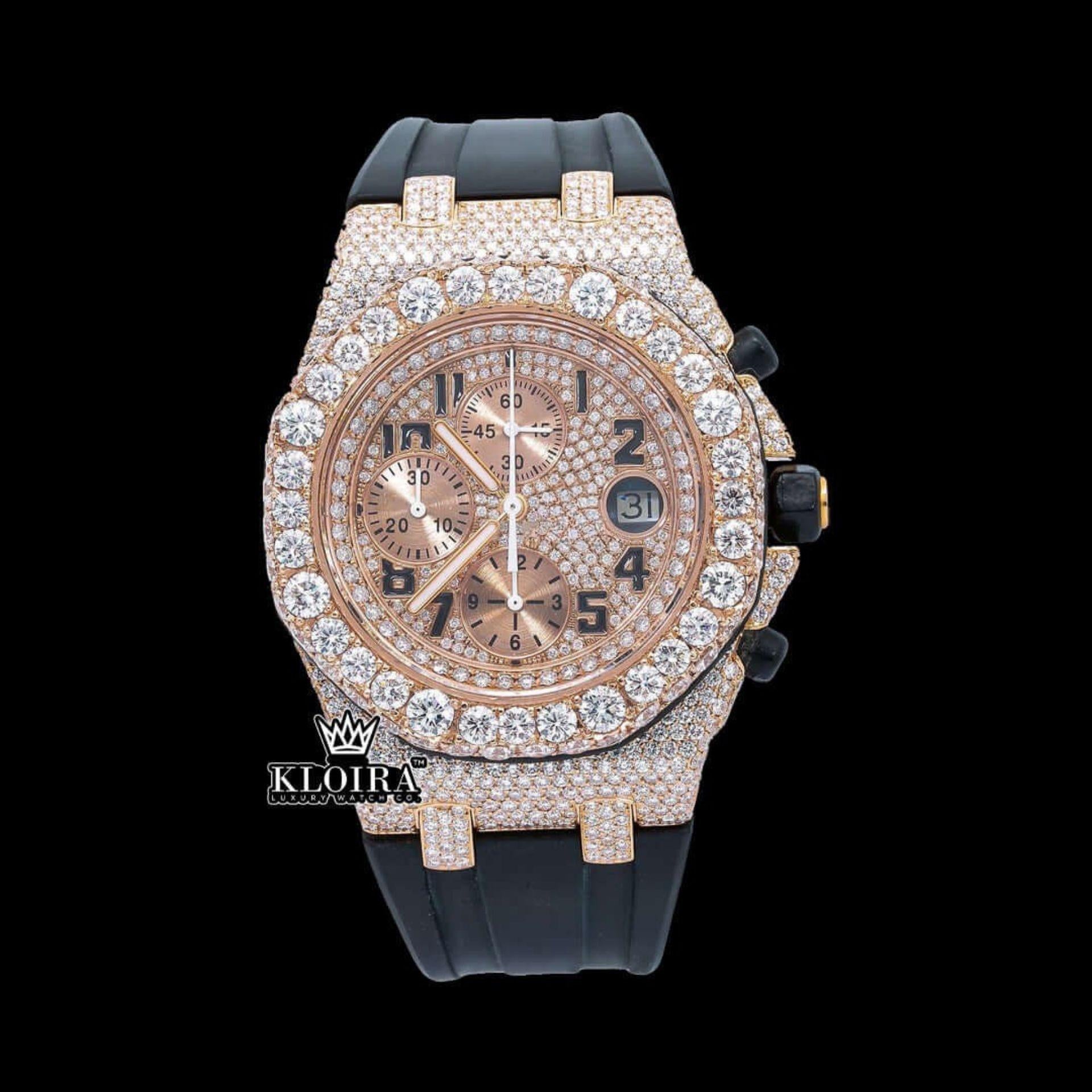 Rose Gold Dial Black Rubber Band Moissanite Diamond Watch Front View