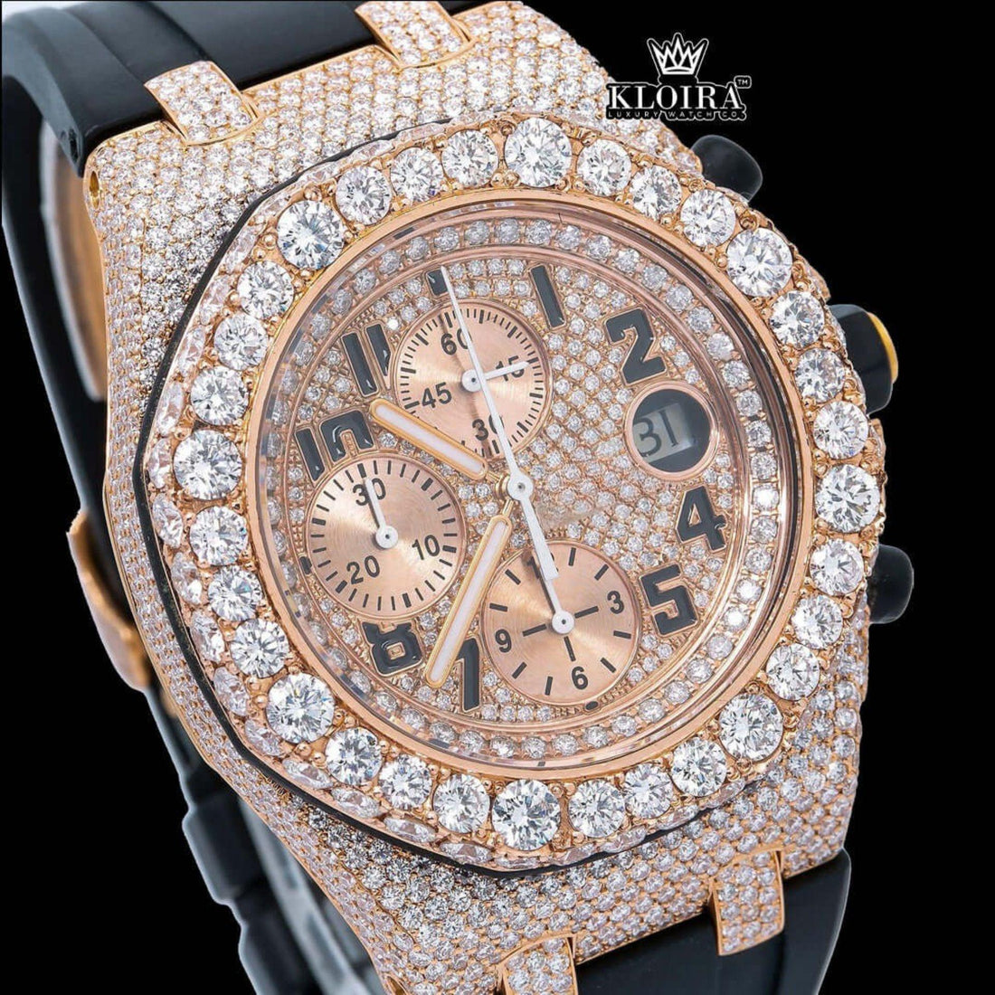 Rose Gold Dial Black Rubber Strap Moissanite Diamond Watch Front View