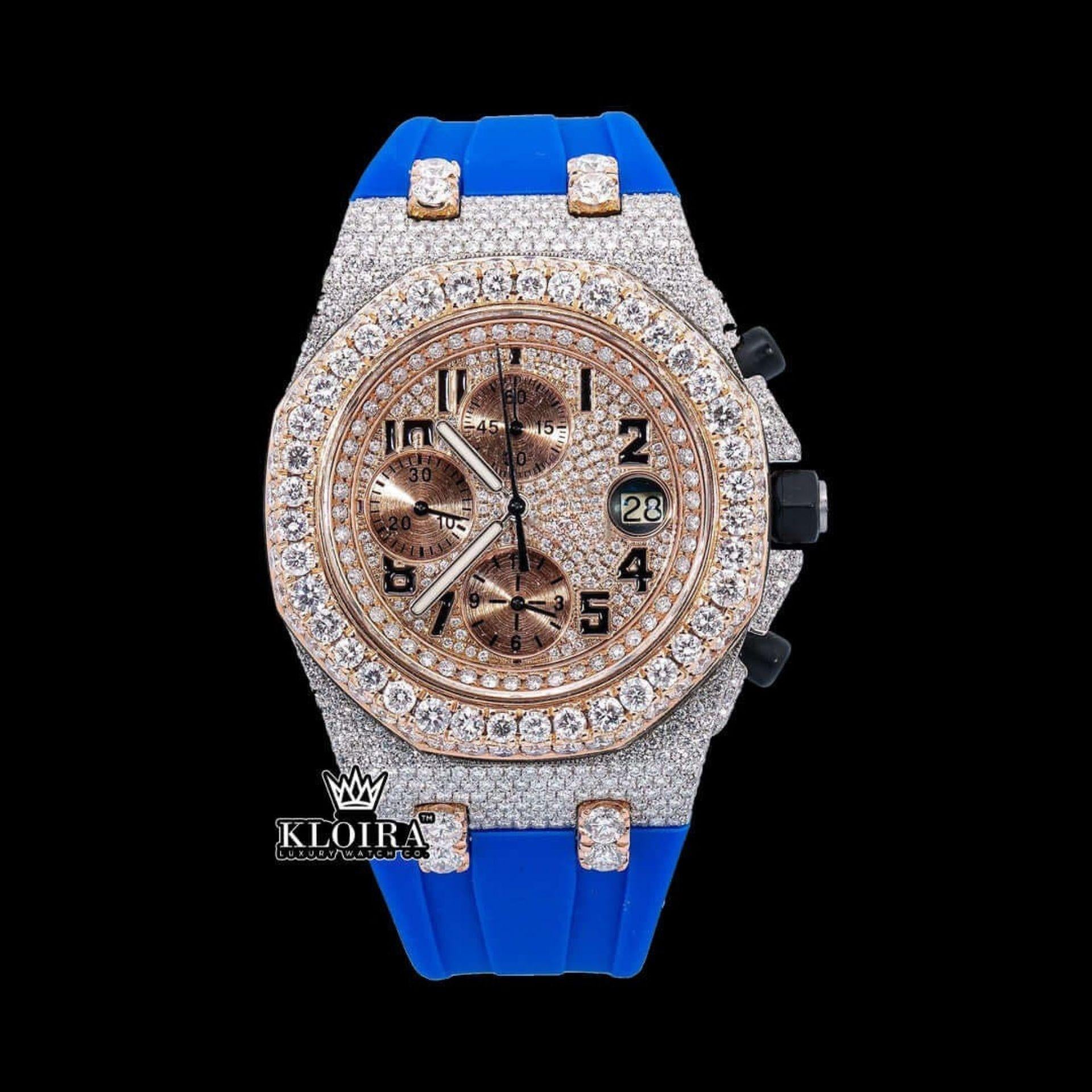 Rose Gold Dial Blue Rubber Strap Moissanite Diamond Watch Front View
