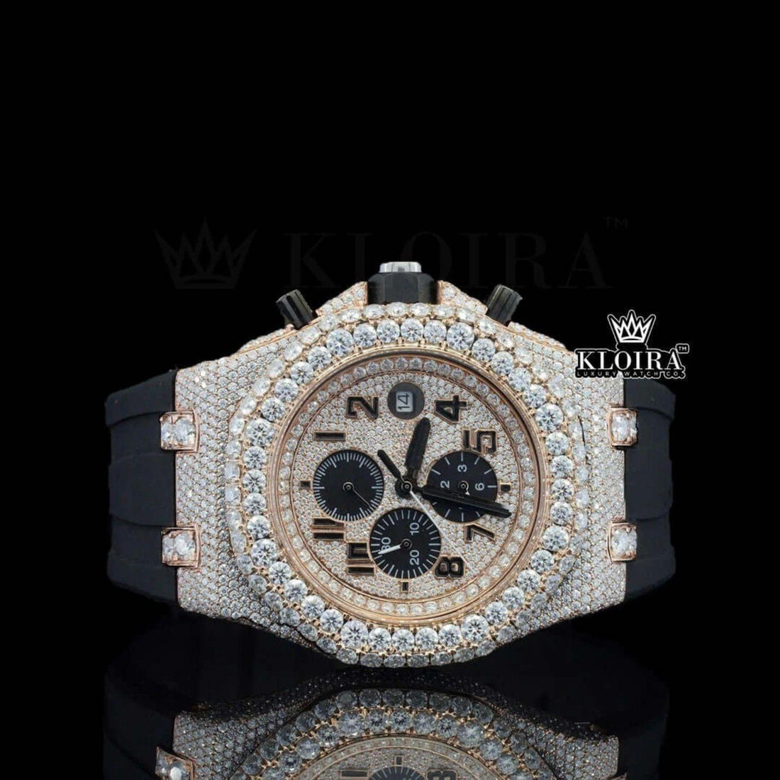 Rose Gold Dial Chronograph Black Rubber Strap Moissanite Diamond Watch Front View