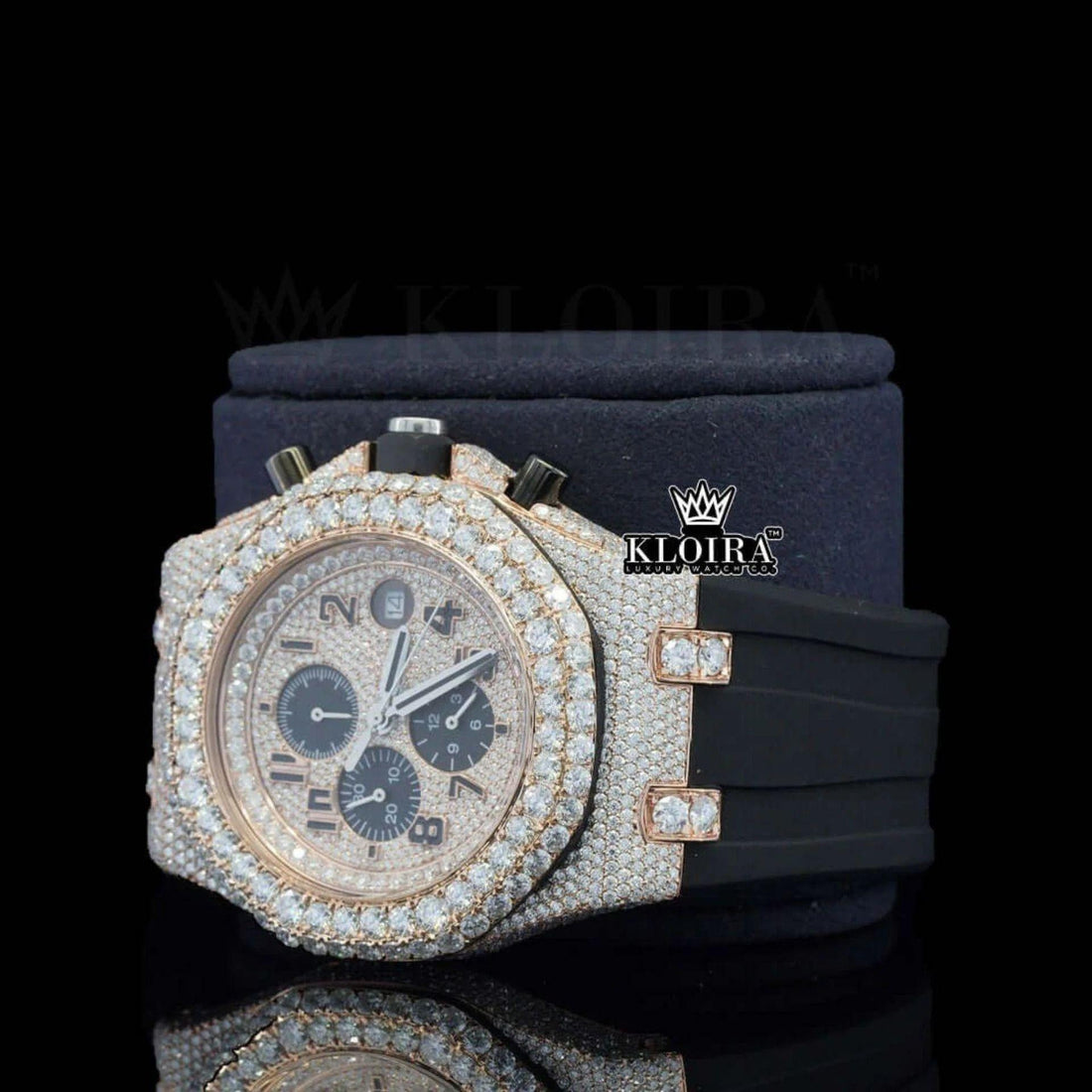 Rose Gold Dial Chronograph Black Rubber Strap Moissanite Diamond Watch Front View