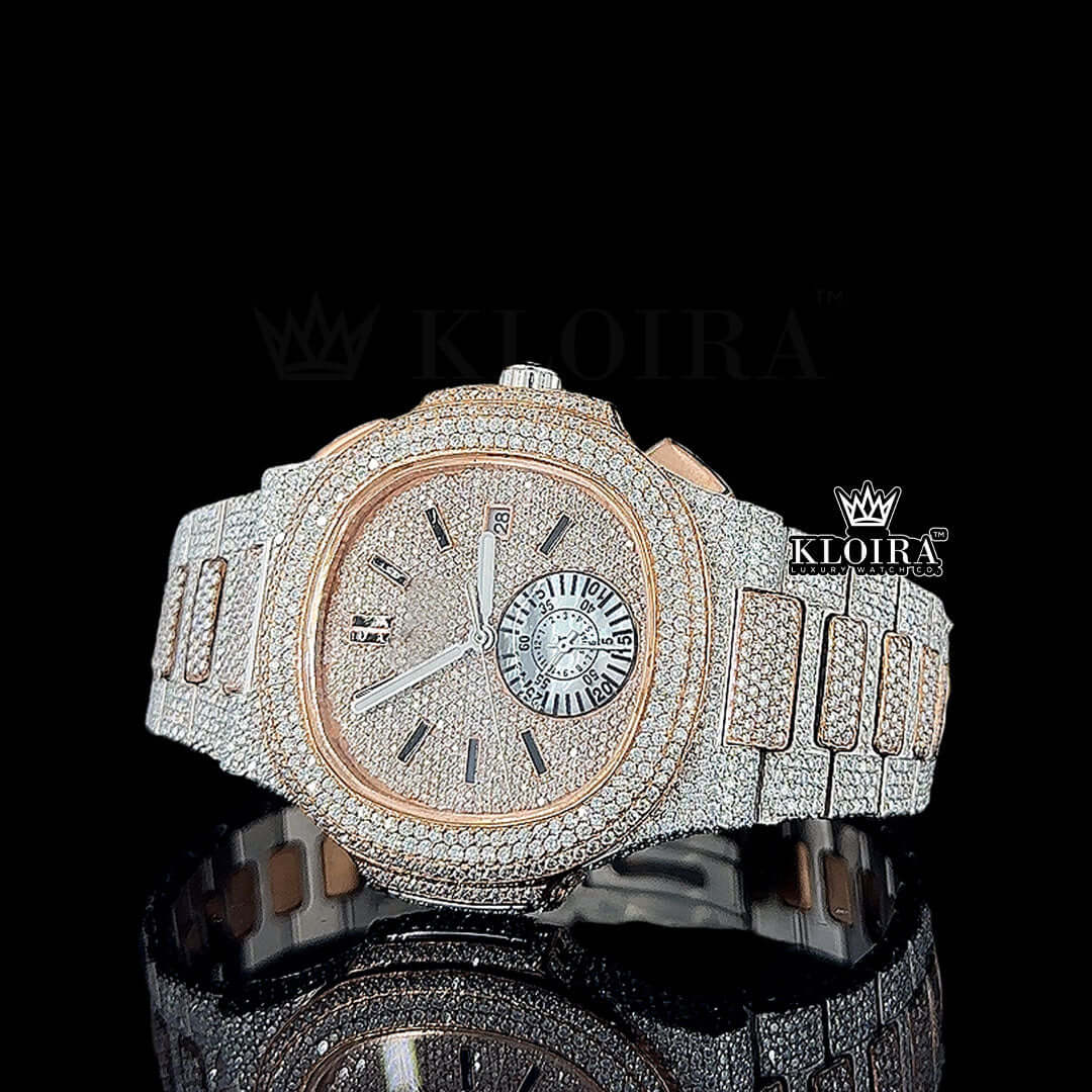 Rose Gold Dial Chronograph Two Tone Moissanite Diamond Watch Front View