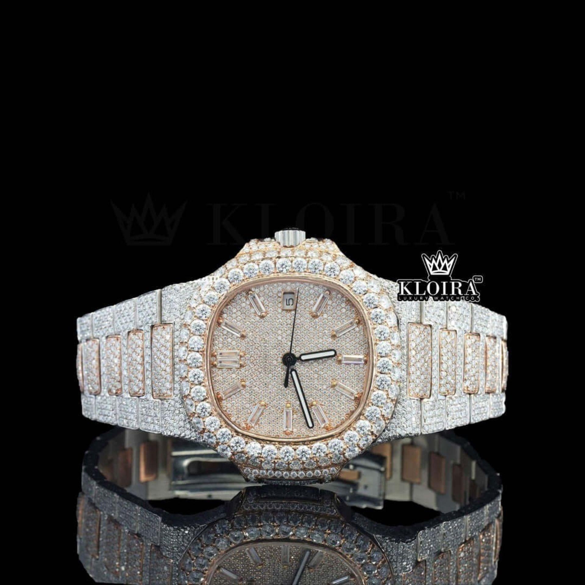 Rose Gold Dial Diamond Markers Two Tone Iced Out Moissanite Watch Front View